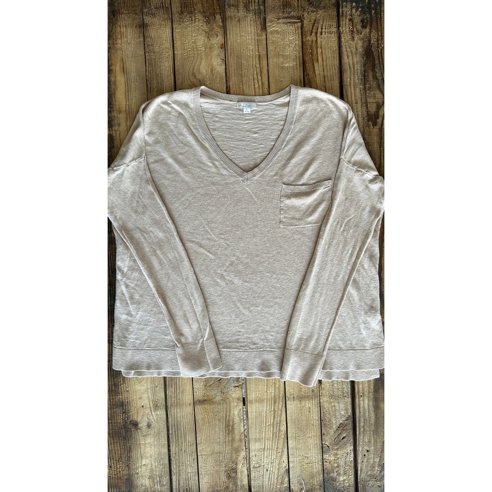 Gap Womens V-Neck Sweater Tan Beige Lightweight Knit‎ Pocket Pullover Large